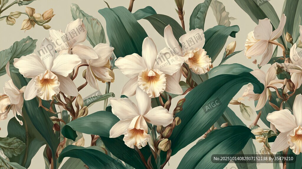 優(yōu)雅白色蘭花與綠葉景致