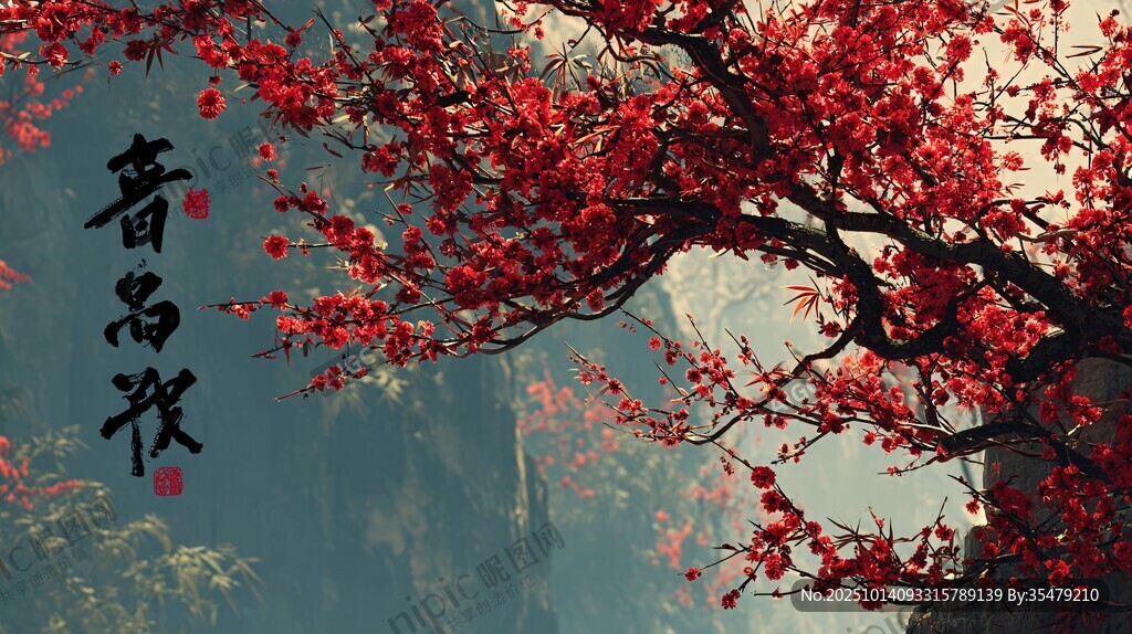 紅梅綻于山間詩意景象