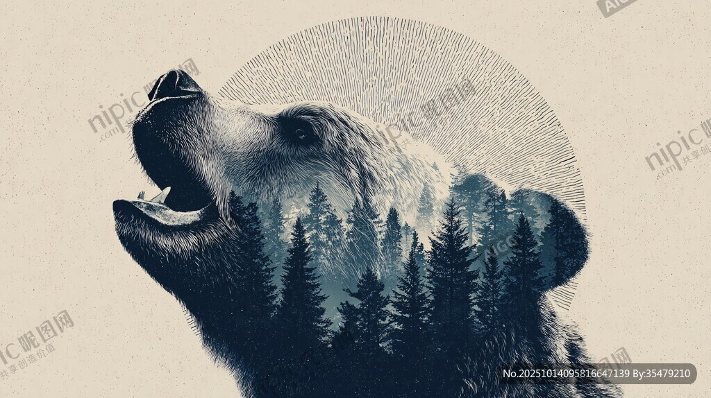 熊與森林的奇幻融合畫(huà)面