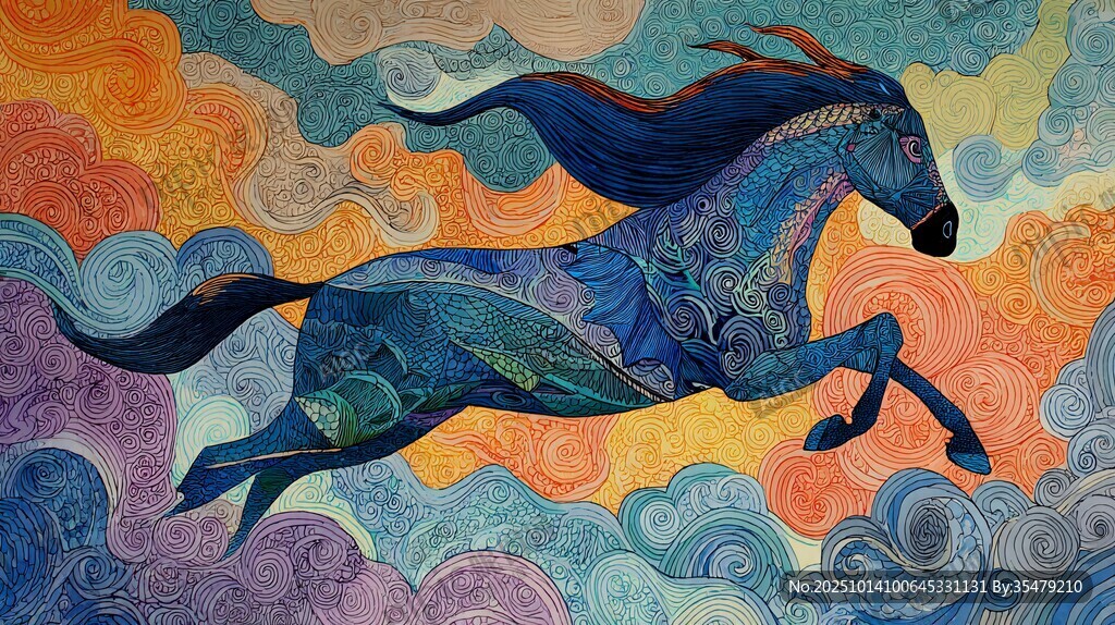 夢(mèng)幻奔馬繪于絢麗云間