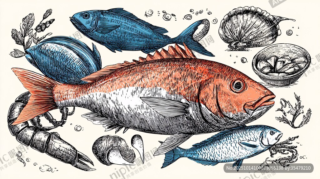 手繪海洋魚類及海鮮集合