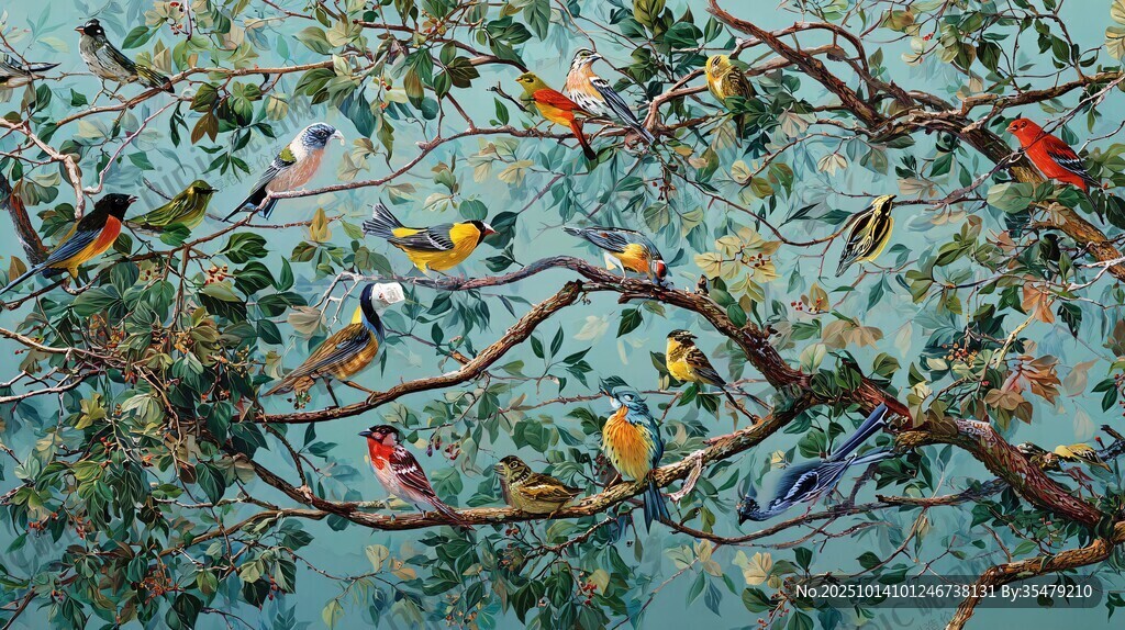 群鳥棲于繁花樹枝間