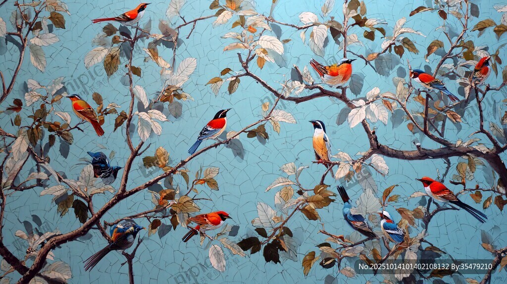 枝頭群鳥繪景圖