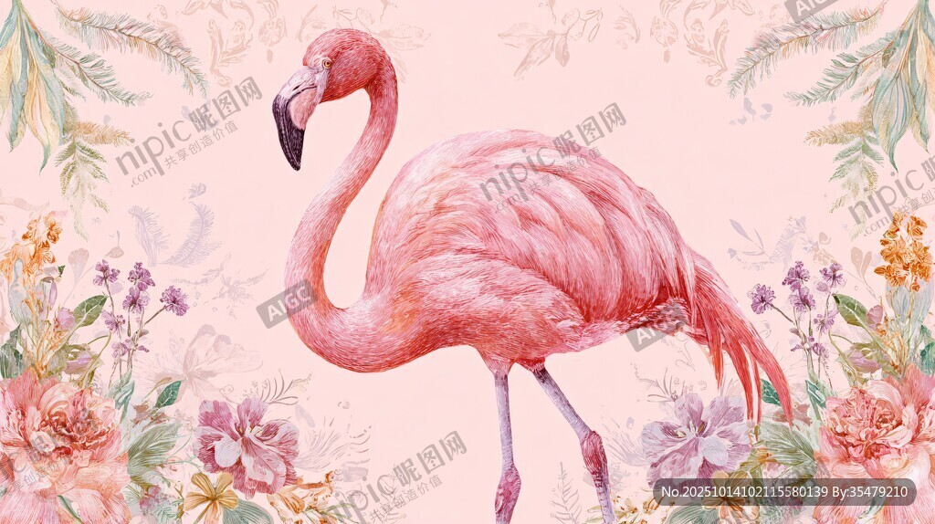 粉色火烈鳥(niǎo)置身花卉世界