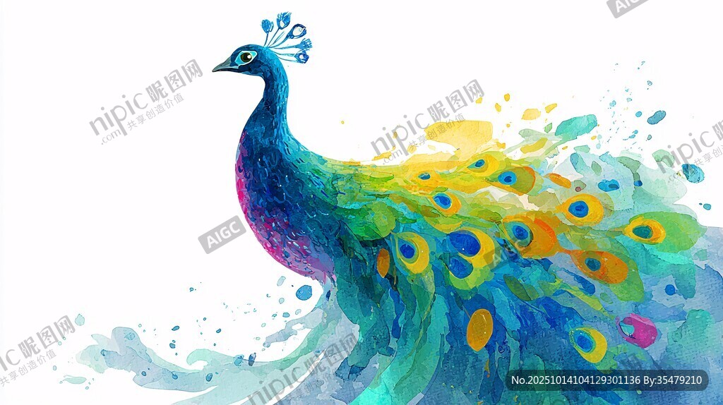 水彩繪孔雀 絢麗多姿