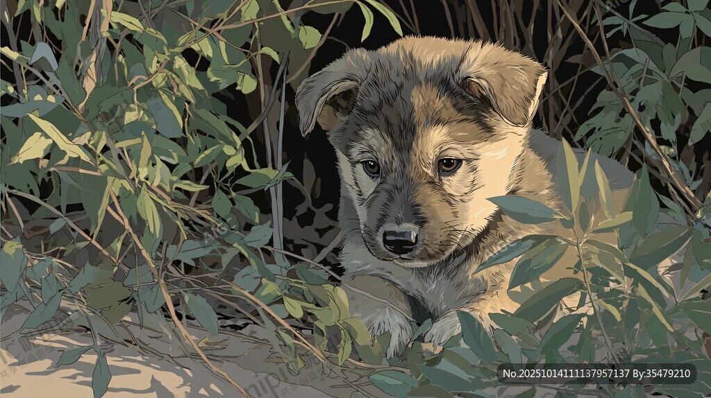 藏于綠植中的可愛幼犬