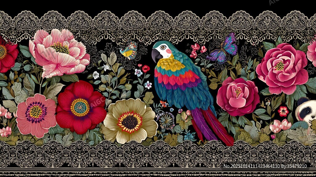 花鳥刺繡圖案 色彩絢麗