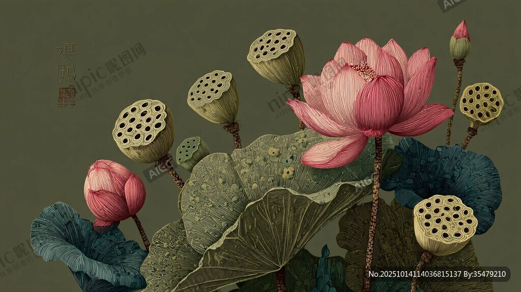 水墨風(fēng)荷花蓮蓬藝術(shù)畫作