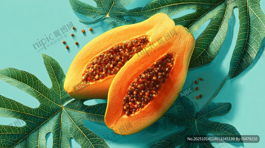 切開的木瓜與綠葉背景
