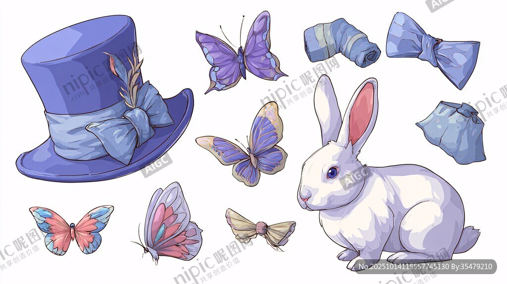 兔子與配飾蝴蝶插畫集合