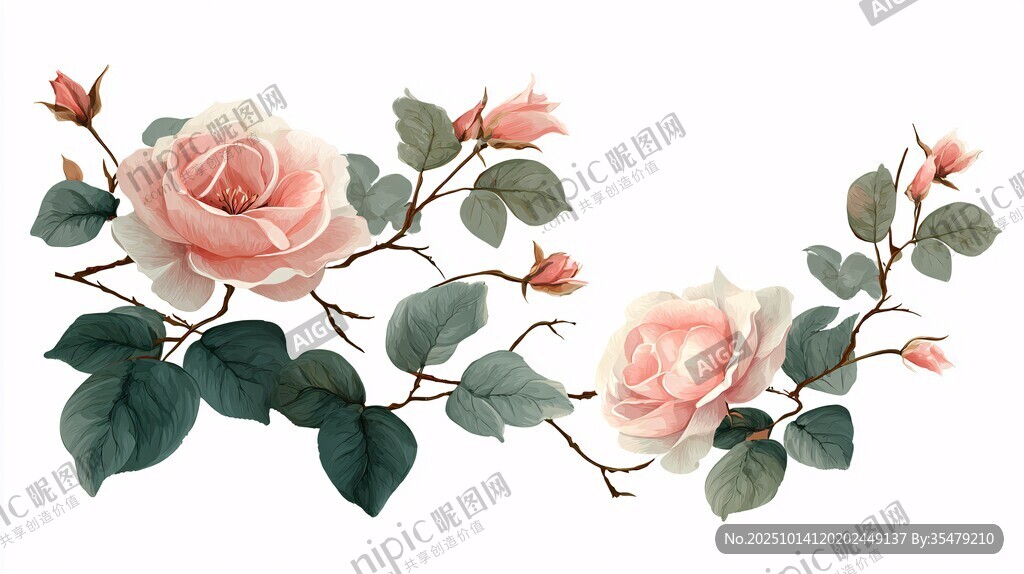 粉色玫瑰花卉優(yōu)雅插畫