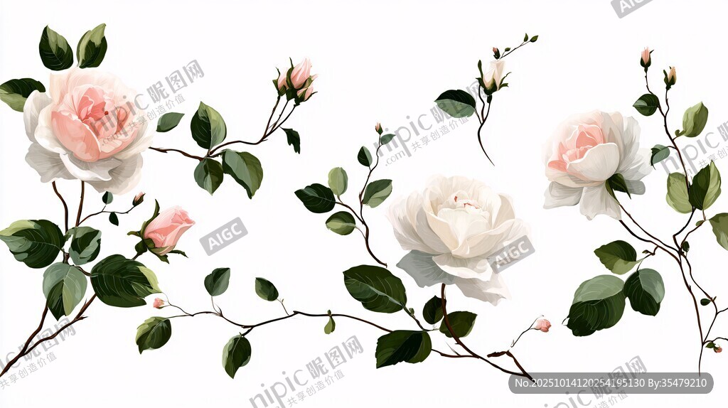 粉白玫瑰花卉枝葉插畫(huà)