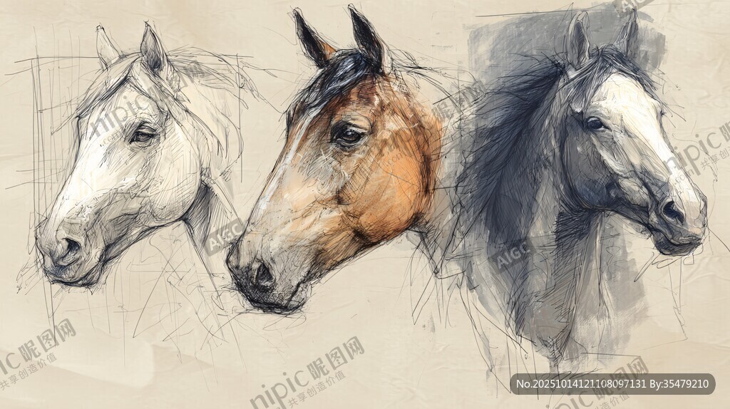三匹駿馬的生動素描