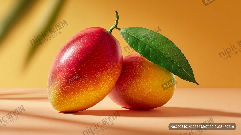 兩個(gè)色澤誘人的新鮮芒果