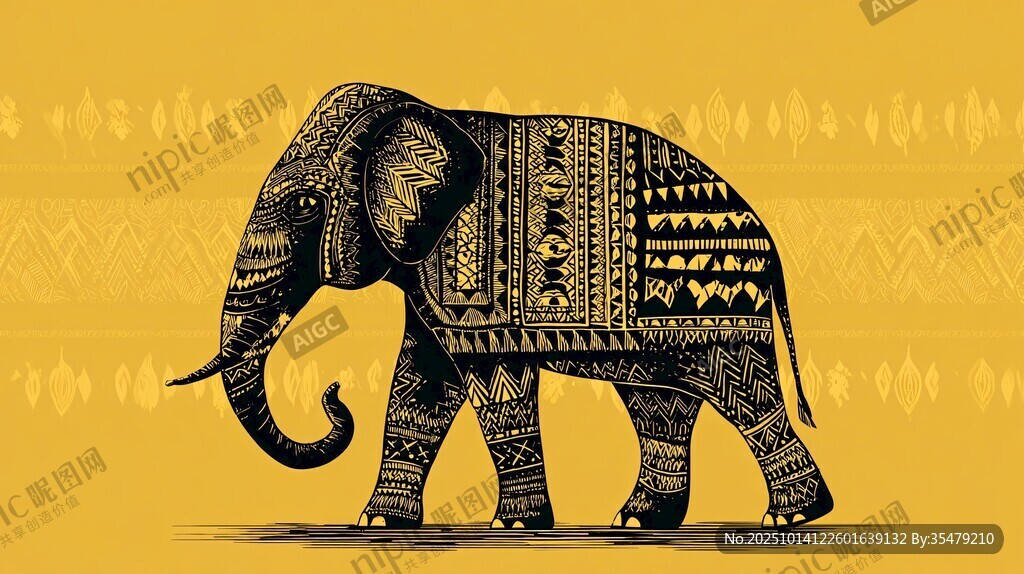 裝飾風大象插畫藝術圖案