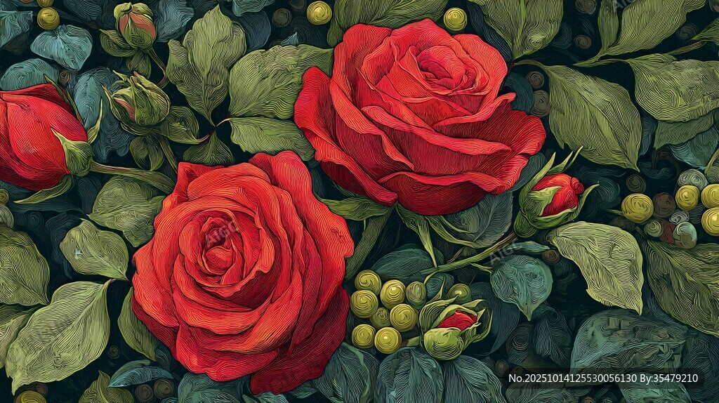 艷麗紅玫瑰與綠葉果實