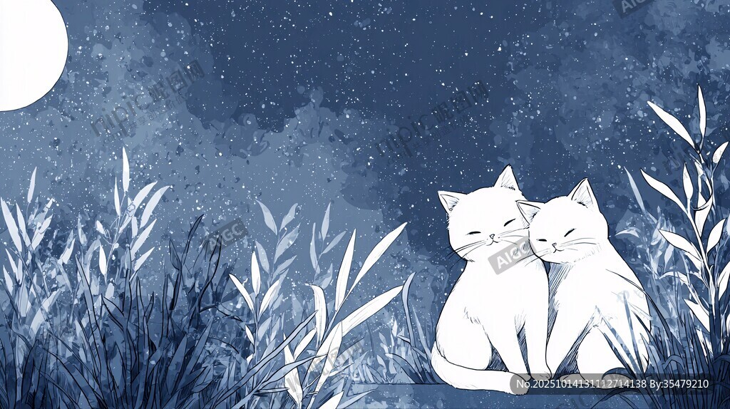 月夜下依偎的兩只貓咪