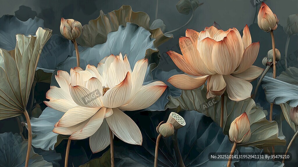 水墨風(fēng)盛開荷花與荷葉圖