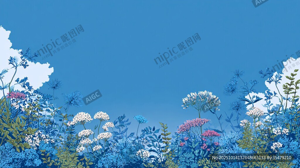藍色夢幻花卉風景插畫
