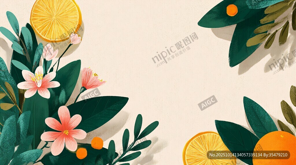 檸檬花卉綠植清新插畫