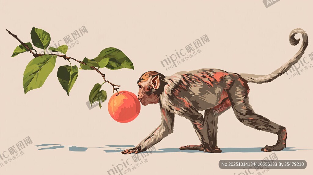 猴子咬著樹枝上的桃子
