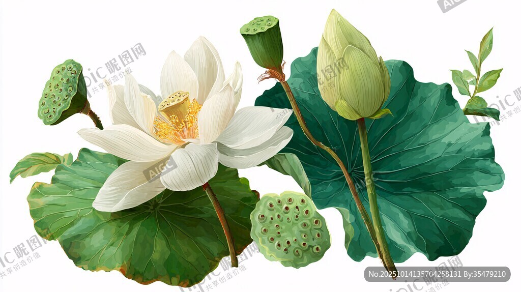 盛開(kāi)的荷花與荷葉