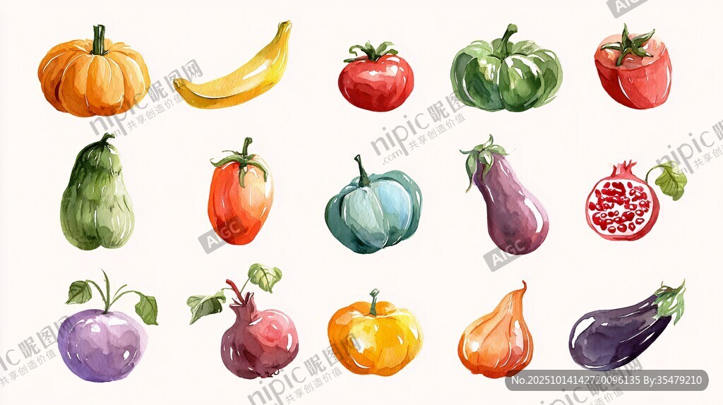 水彩繪多彩果蔬集合