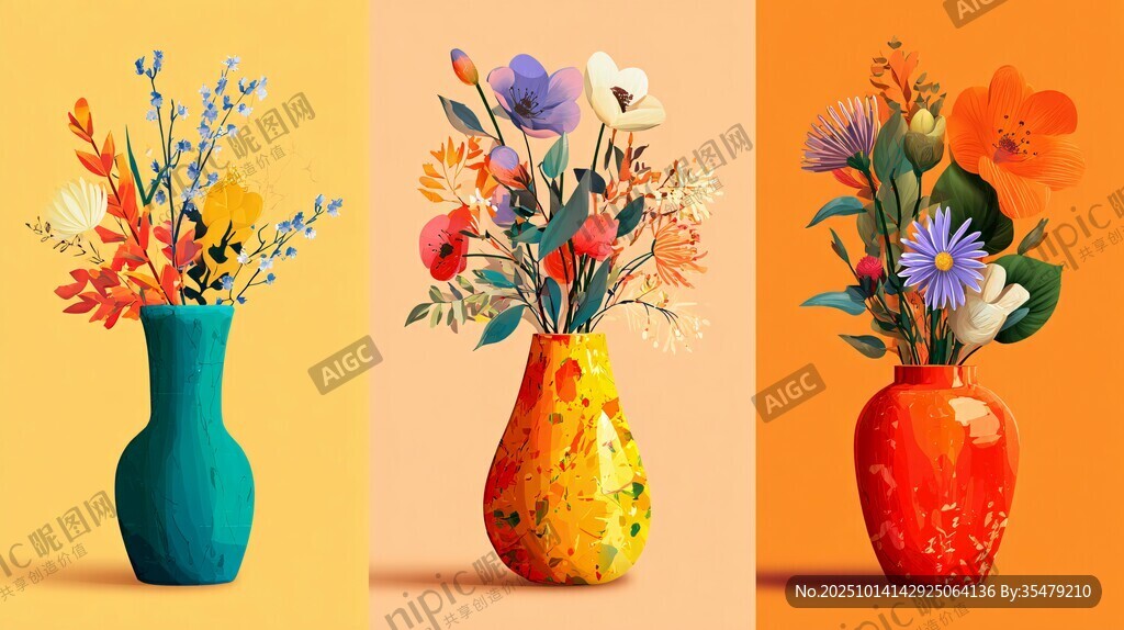 多彩花瓶中的繽紛花卉