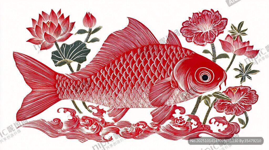 紅鯉戲花圖