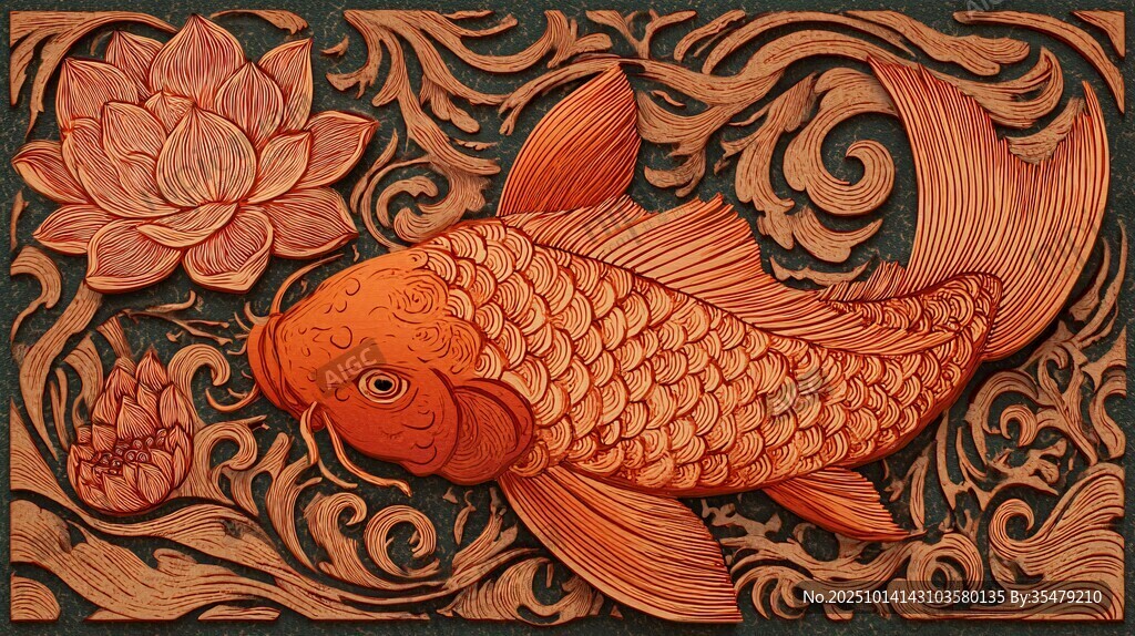 木雕錦鯉蓮花精美圖案