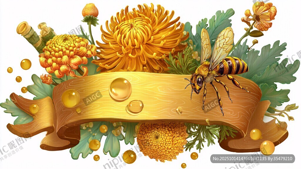 金色花卉蜜蜂裝飾插畫(huà)