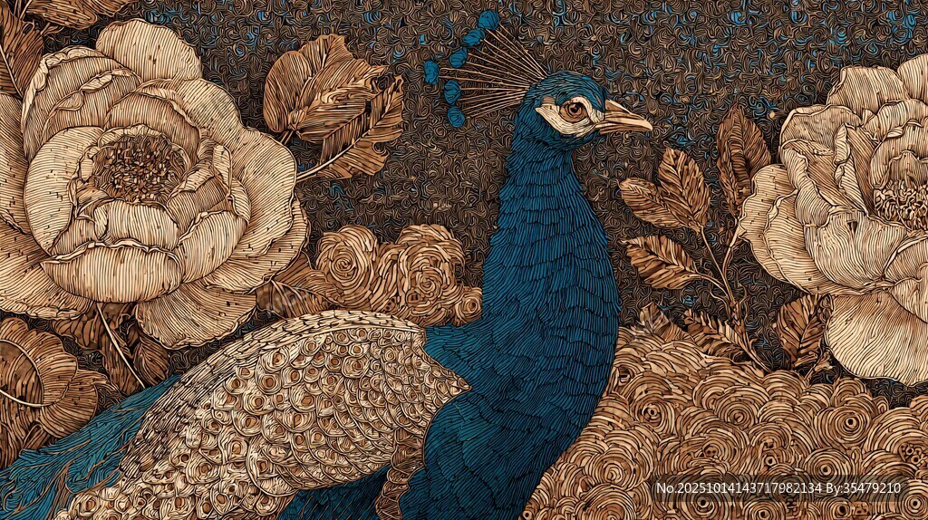 藍(lán)孔雀伴繁花刺繡圖案