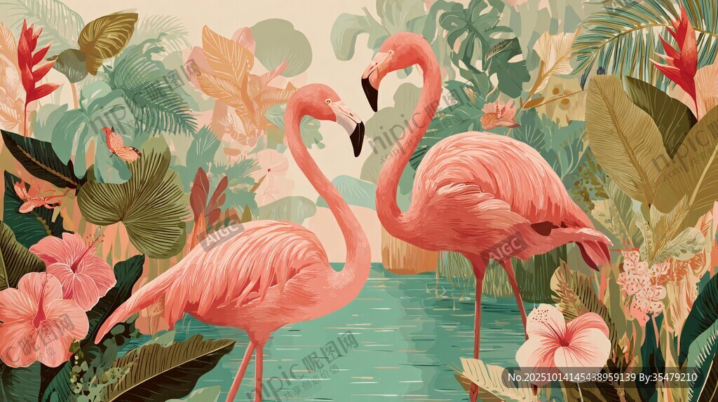 雙火烈鳥的熱帶夢幻圖景