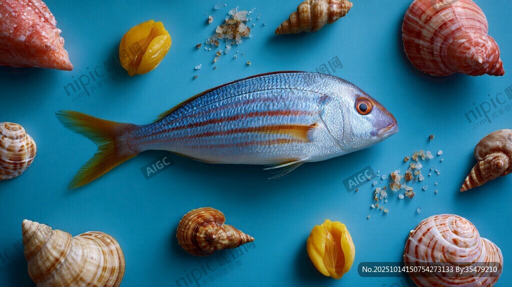 藍(lán)底上的鮮魚(yú)與多彩貝殼