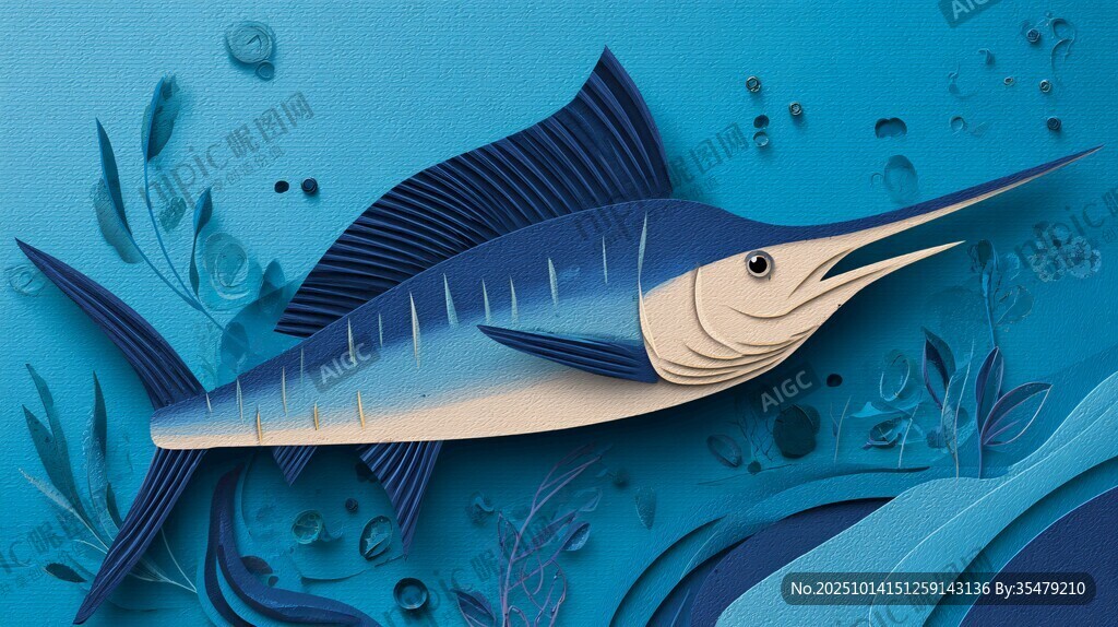 藍色紙藝劍魚的海底世界