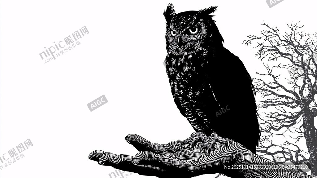 貓頭鷹立于枯樹枝頭