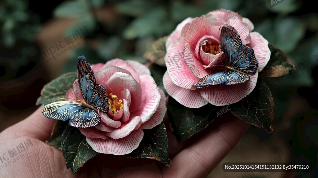 手捧蝶棲粉花精美飾品