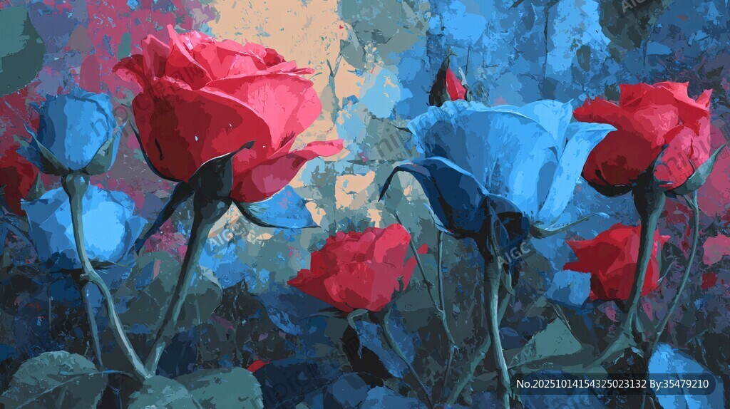 夢(mèng)幻紅藍(lán)玫瑰油畫風(fēng)花卉