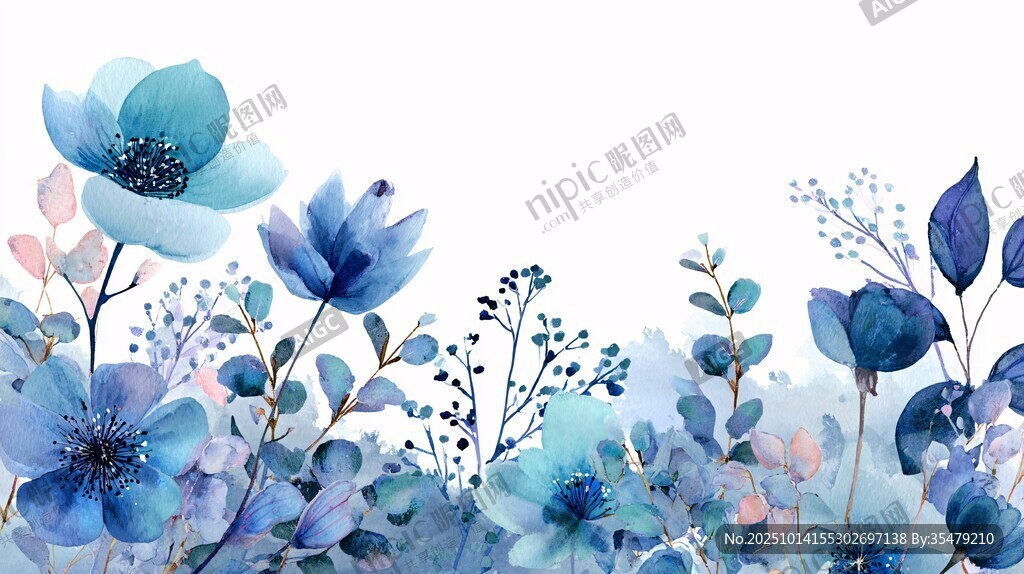 藍(lán)色水彩花卉邊框圖案