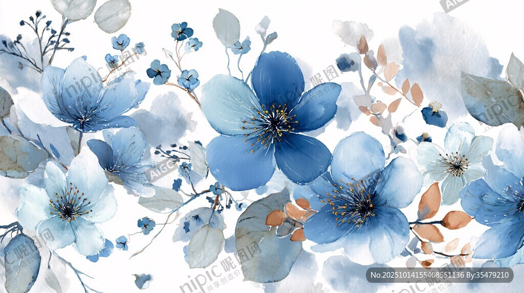 藍(lán)調(diào)花卉水彩畫背景圖