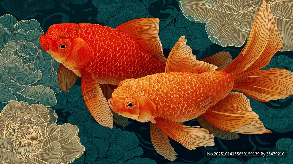 雙金魚戲牡丹圖