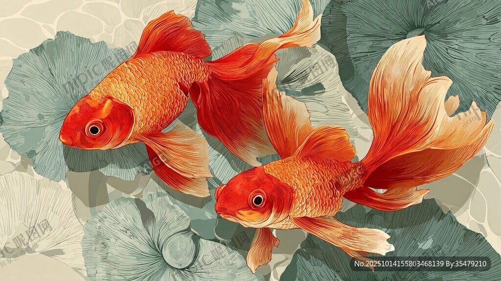 雙金魚戲于荷葉間