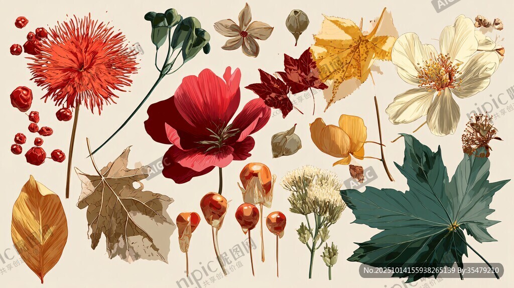 多彩花卉與葉片素材集合