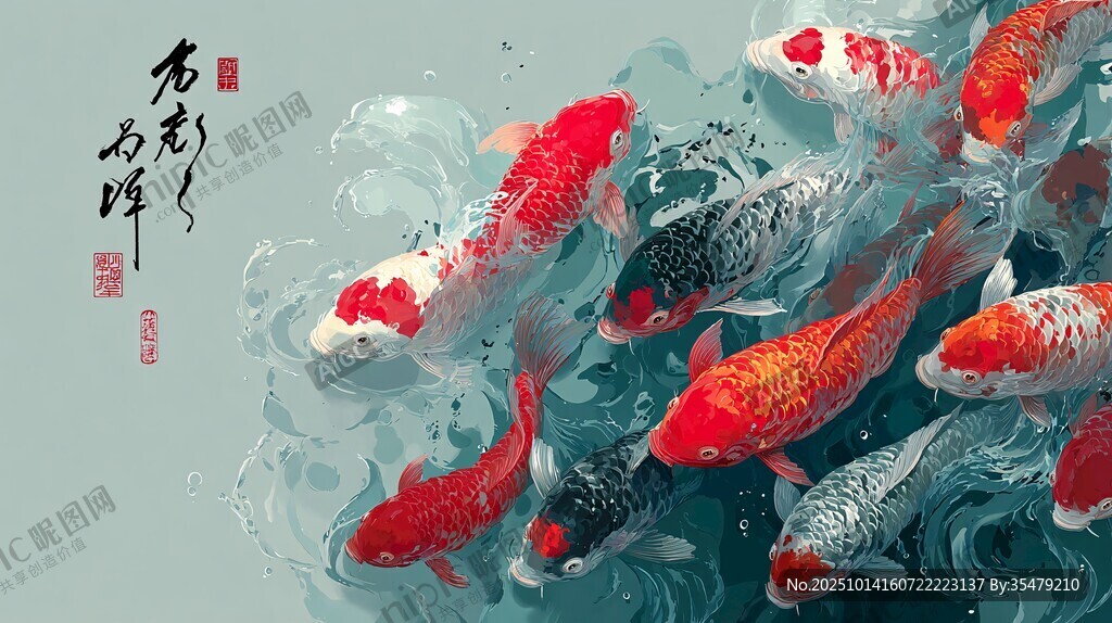 水墨錦鯉游弋圖