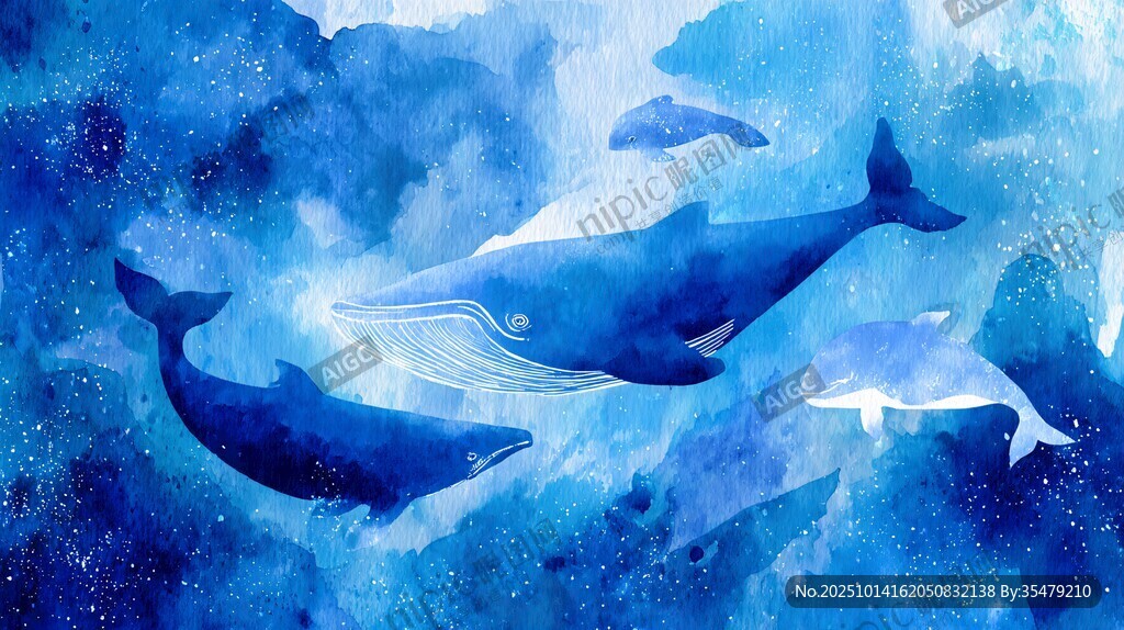 夢幻海洋鯨魚群水彩插畫