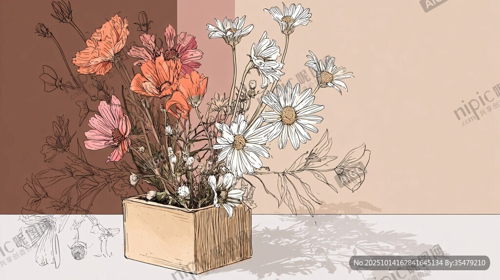 插畫風(fēng)花瓶中的多彩花卉