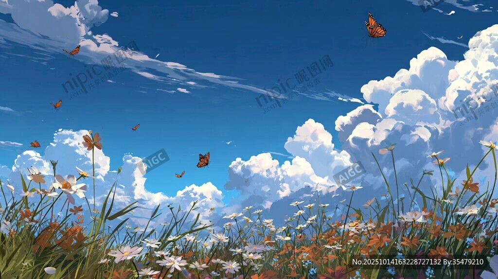 藍(lán)天白云下的爛漫花海