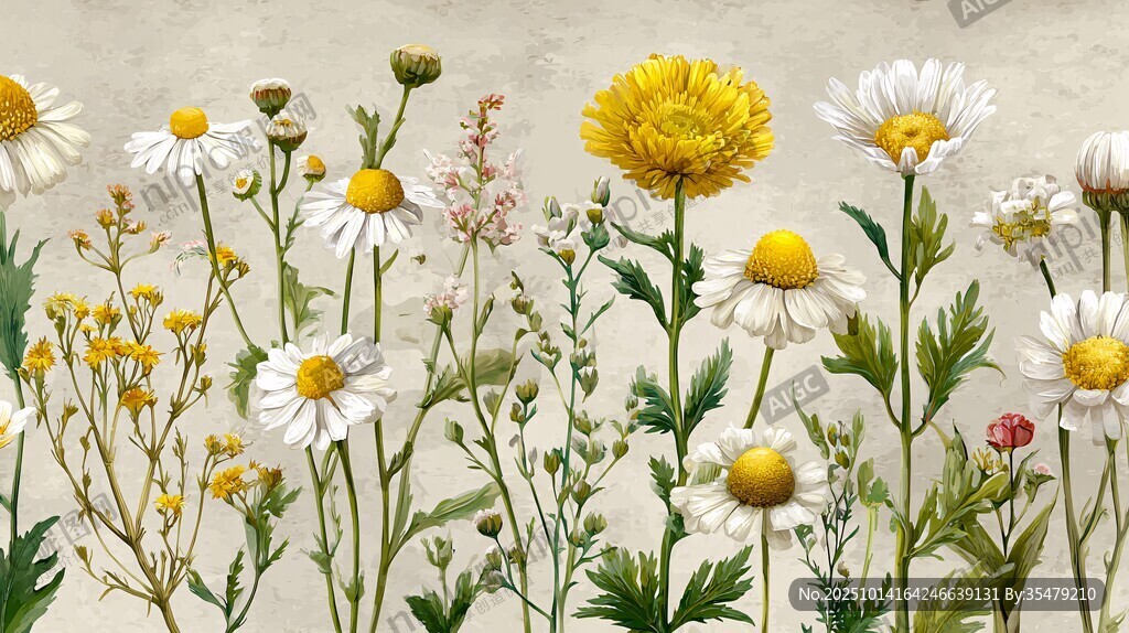 田園風雛菊花卉插畫