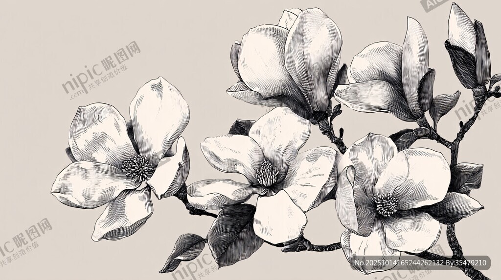 黑白玉蘭手繪花卉圖