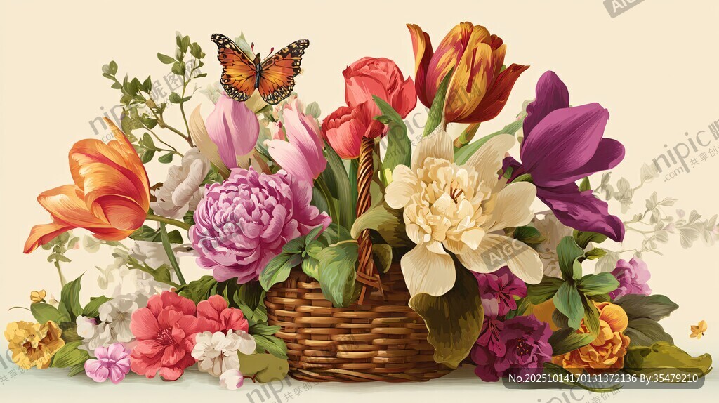 花籃中的多彩花卉與蝴蝶